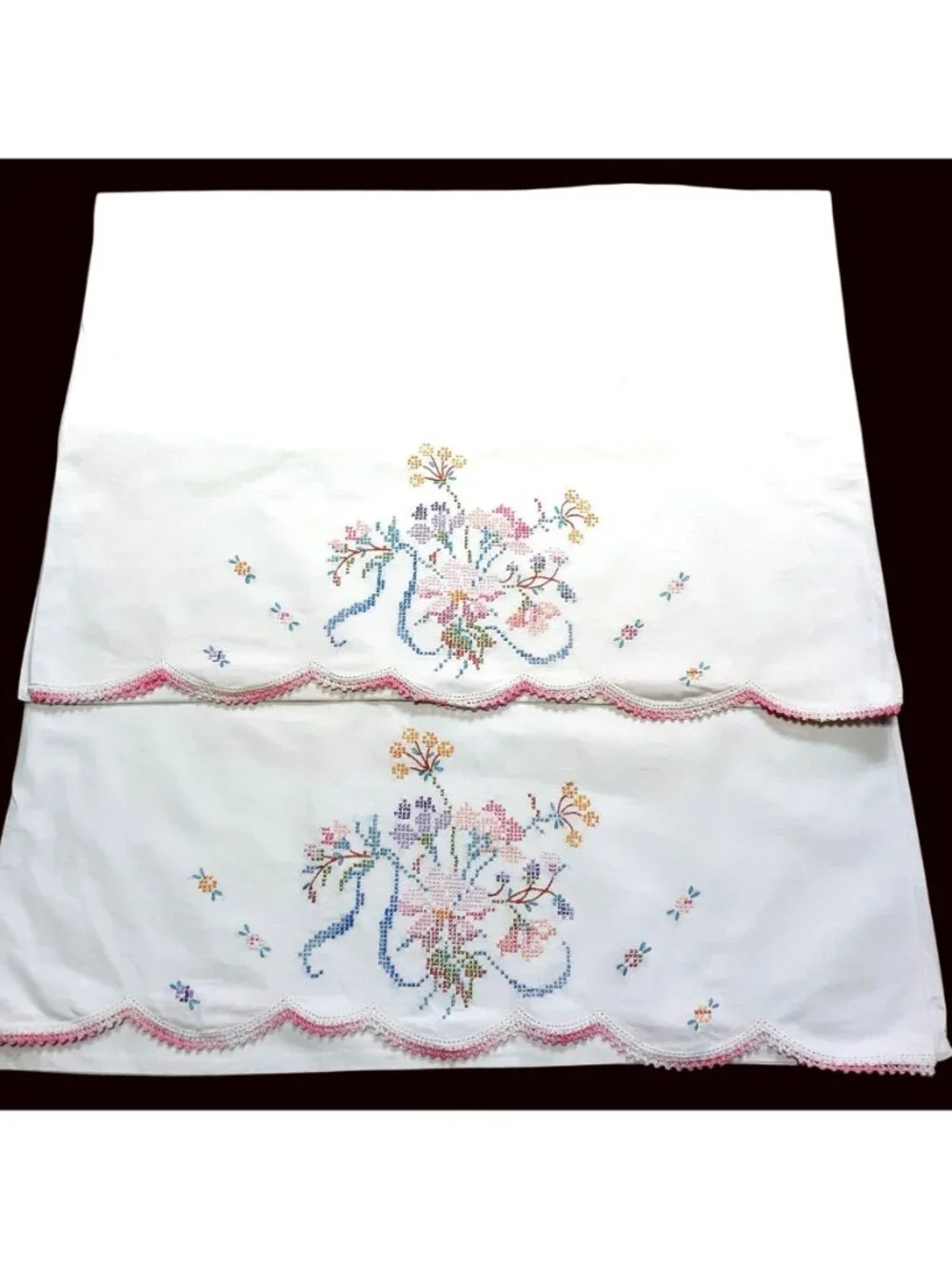 Vintage Hand-Embroidered Pillowcases Floral Cross-Stitch Pink Crochet Trim Set